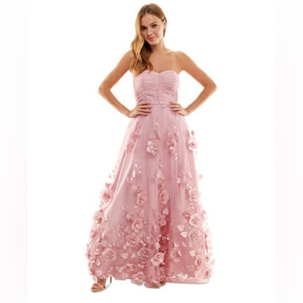 BCX Juniors' 3D Floral Ruched Strapless Gown, evening dress size 3 pink New - Picture 3 of 16